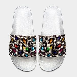 MultiColored Black Silver Leopard Animal Print Crystal Slides Slippers Sandals